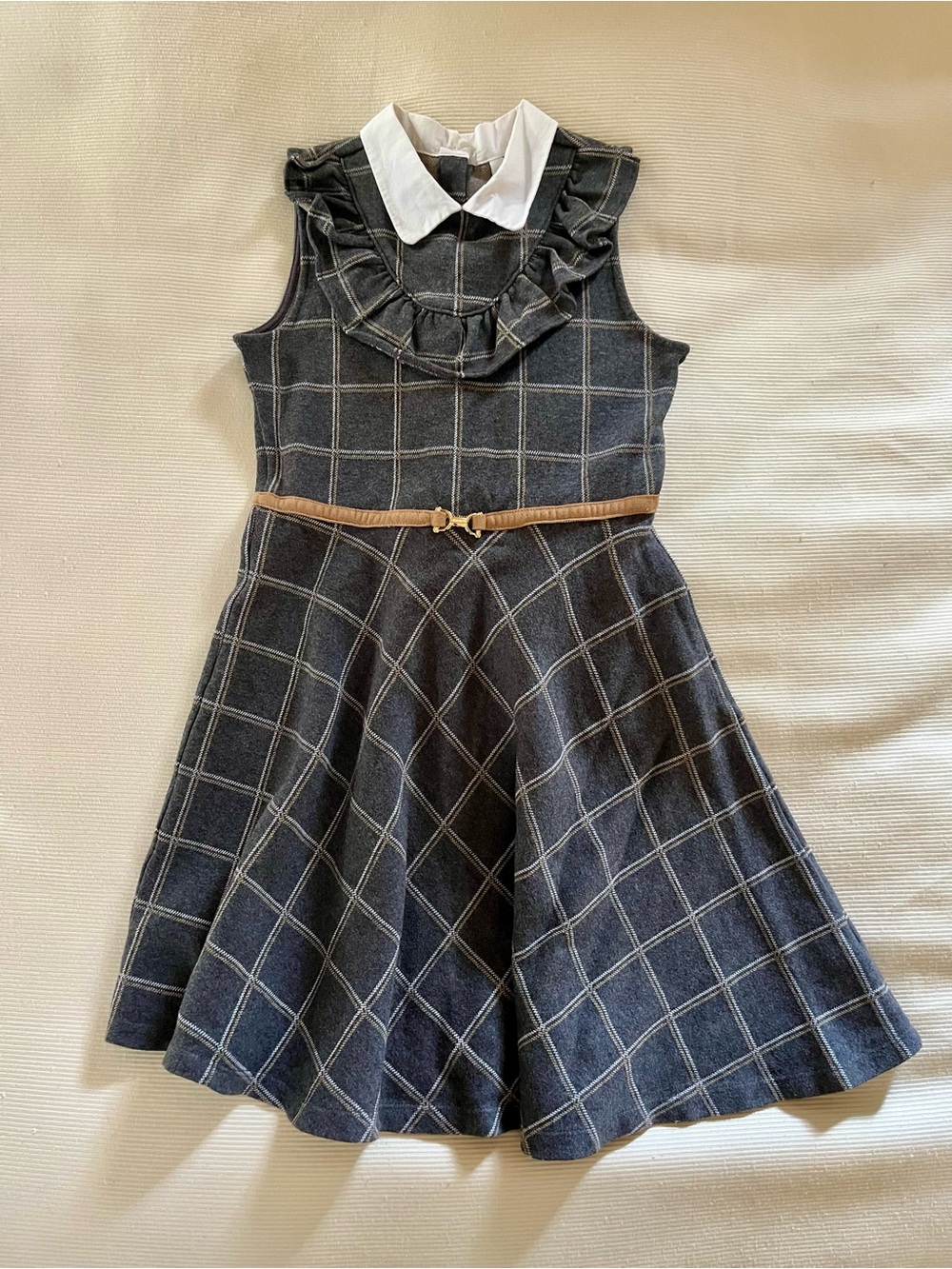 Girls Janie and Jack Navy Windowpane Sleeveless Dress with White Collar, size 10
